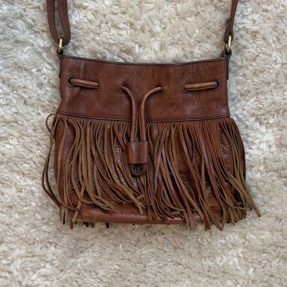 Fossil Camel Brown Leather Crossbody Bag with Fringe